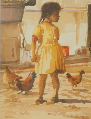 Lucy Mary Mullins (1920-2008). Young girl with chickens, artist signed coloured print, 42cm x 32cm.