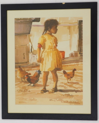 Lucy Mary Mullins (1920-2008). Young girl with chickens, artist signed coloured print, 42cm x 32cm. - 2