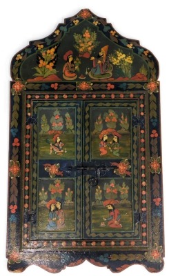 A Middle Eastern painted panel, of arched form depicting figures, in headdress with flowers and fruits, and arched top, 90cm high, 50cm wide. (AF) - 2