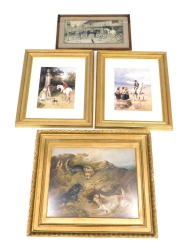 Four prints, comprising after Heywood Hardy, figure on horseback at beach, 32.5cm x 24.5cm, a print of working terriers after George Armfield 42cm x 53cm, another after Heywood Hardy of figure on horseback with dog and figures at country gate, 34cm x 25cm