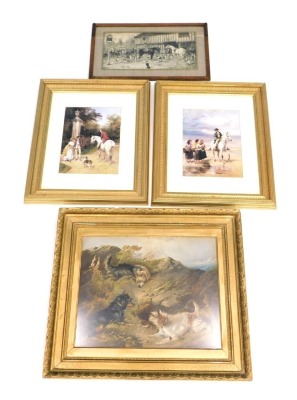 Four prints, comprising after Heywood Hardy, figure on horseback at beach, 32.5cm x 24.5cm, a print of working terriers after George Armfield 42cm x 53cm, another after Heywood Hardy of figure on horseback with dog and figures at country gate, 34cm x 25cm