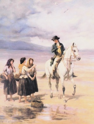 Four prints, comprising after Heywood Hardy, figure on horseback at beach, 32.5cm x 24.5cm, a print of working terriers after George Armfield 42cm x 53cm, another after Heywood Hardy of figure on horseback with dog and figures at country gate, 34cm x 25cm - 4