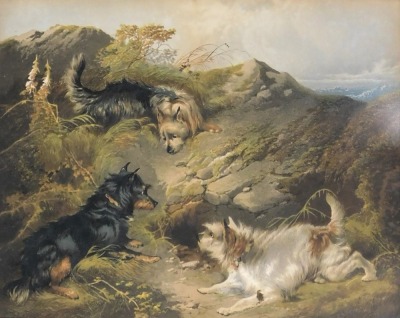 Four prints, comprising after Heywood Hardy, figure on horseback at beach, 32.5cm x 24.5cm, a print of working terriers after George Armfield 42cm x 53cm, another after Heywood Hardy of figure on horseback with dog and figures at country gate, 34cm x 25cm - 5