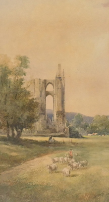 Frederick William Booty (1840-1920). Shepherd and sheep, Abbey ruin, possibly Bolton Abbey, watercolour, signed and dated 1917, 70cm x 37cm.