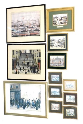 After Lowry. A collection of Lowry prints, to include Canal Bridge, miniatures, waiting for the shop to open, and others, framed, the largest 49cm x 78cm. (12)