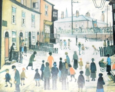 After Lowry. A collection of Lowry prints, to include Canal Bridge, miniatures, waiting for the shop to open, and others, framed, the largest 49cm x 78cm. (12) - 2