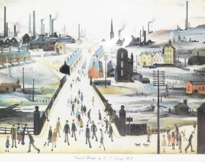 After Lowry. A collection of Lowry prints, to include Canal Bridge, miniatures, waiting for the shop to open, and others, framed, the largest 49cm x 78cm. (12) - 9