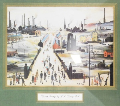 After Lowry. A collection of Lowry prints, to include Canal Bridge, miniatures, waiting for the shop to open, and others, framed, the largest 49cm x 78cm. (12) - 10