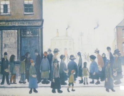 After Lowry. A collection of Lowry prints, to include Canal Bridge, miniatures, waiting for the shop to open, and others, framed, the largest 49cm x 78cm. (12) - 13