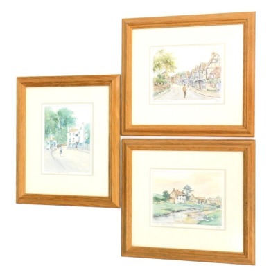 H Todd (20thC School). Three watercolours, comprising The Ford, 15cm x 21cm, The Inn Hamstead Heath, 21cm x 15cm, and Mill Lane Warick, 15cm x 20cm, signed and titled in pencil to margin, in pine frames. (3)