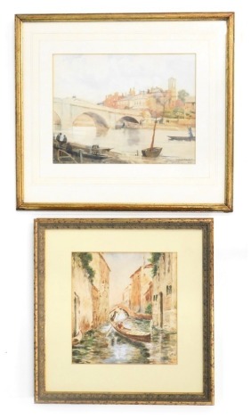 Two 20thC watercolours, comprising W Hawthorn, bridge over river, signed and dated 1911, 22cm x 29cm, and another unsigned, of Venetian canal scene with boat, 21cm x 19.5cm, framed and glazed. (2)