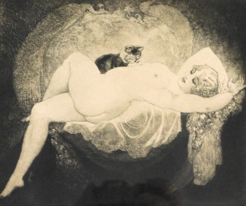 Louis Icart (20thC School). Etching of nude female and cat, 15cm x 18cm, framed and glazed.