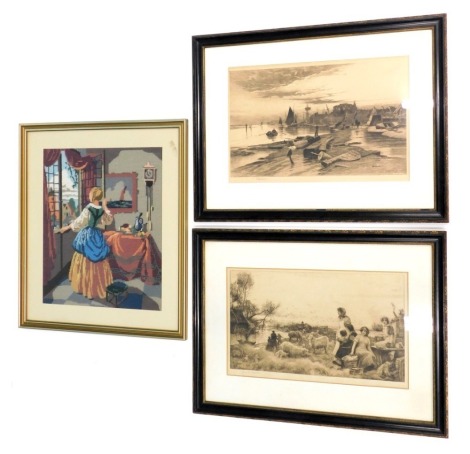 Three 19thC and later prints, comprising after Robert Walker McBeth (1848-1910), etching, signed in pencil to margin of females and sheep, 30cm x 51cm, another signed etching after Caudwell shipping boats and posts, 33cm x 55cm, signed in pencil to margin