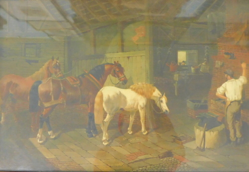 John Frederick Herring Snr (1795-1865). A forge interior with farrier and three horses, oil on canvas, signed, 40cm x 60cm.