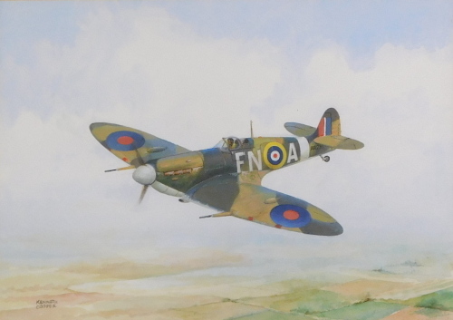 Kenneth Cooper (20thC). Spitfire, watercolour, signed, 26cm x 36.5cm, Label verso The Jack O'Lantern Gallery Swineshead.