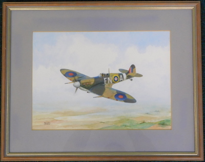 Kenneth Cooper (20thC). Spitfire, watercolour, signed, 26cm x 36.5cm, Label verso The Jack O'Lantern Gallery Swineshead. - 2