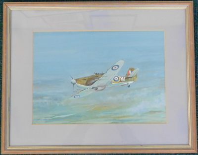 Kenneth Cooper (20thC). Spitfire, watercolour, attributed verso, 26cm x 37cm. Gallery label verso. - 2