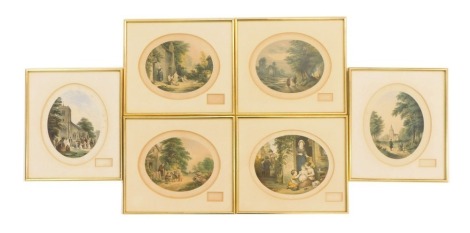 A set of six Le Blond prints, comprising The Sherry Seller, The Pet Rabbits, Learning to Ride, Moon Light, Sunday Morning, and The Wedding Day, each oval 17cm x 13cm, in rectangular gilt frames. (6)