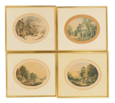 A set of Le Blond prints, each oval depicting country scenes, 17cm x 12cm, in gilt frames. (3)