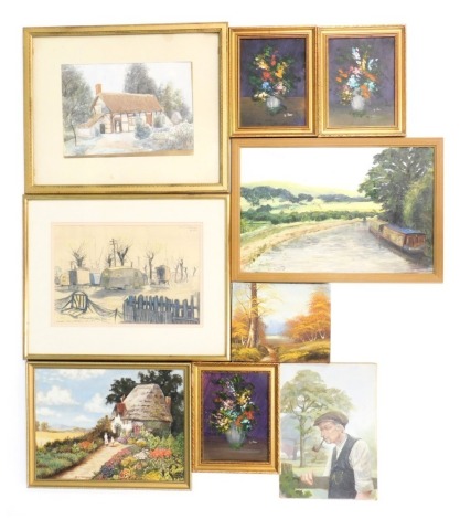 20thC School. A collection of oil on boards, comprising B Stenson, oil on board cottage in floral garden scene, 30cm x 38cm, in gilt frame, man smoking pipe, autumnal trees, unsigned, G Rossi, floral still life abstract, 23cm x 17cm, signed in gilt frames