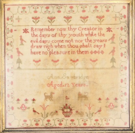 A Victorian needlework sampler, by Ann Sandbridge, dated 1847, 32.5cm x 32.5cm, in maple frame.