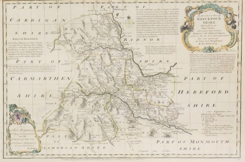 An 18thC county map of Brecknockshire, by Thomas Kitchin, with coloured emblems, 37cm x 55cm, framed.