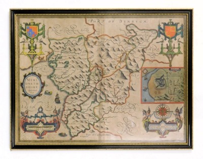 John Speede. An 18thC hand coloured map of Merionethshire, dated 1610, 39cm x 50cm, framed. - 2