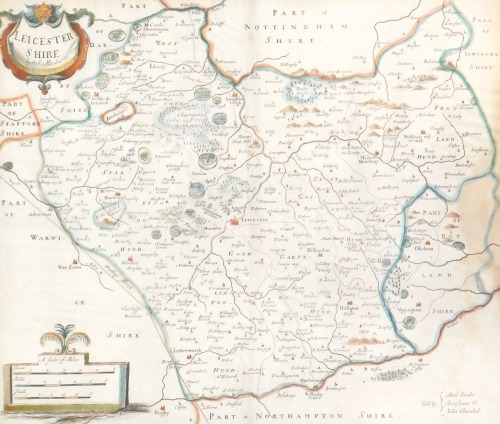 Robert Morden. A framed 19thC map of Leicestershire, hand coloured, 36cm x 40cm, framed and glazed.