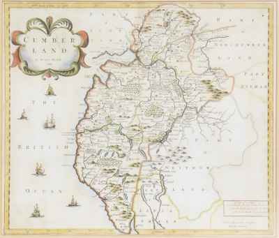 Robert Morden. A framed map of Cumberland, dated 1695, hand coloured, 37cm x 40cm, framed.