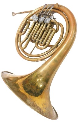 A brass french horn, with stainless steel mouthpiece, in fitted case.