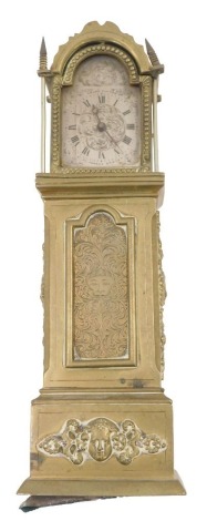 A miniature brass longcase clock, the silvered dial stamped Frank Flower, 31 St James's Street W, the case cast with masks and faux door engraved with a mask, foliate scrolls, etc., 29.5cm high. (AF)