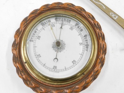 A set of brass hand scales, aneroid barometer in carved oak case, and a suitcase. (AF) - 2