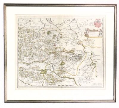 A 17thC Blaeu framed map, of Mansfelt, bearing crest, signed Anud Guihelm Blau, 43cm x 52cm, framed.