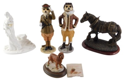 Two Country Artists figures, meerkat Monty and another Barder, a Nature Craft King Charles Spaniel, a Lenox Footprints in the Sand figure, and a Leonardo Collection shire horse. (5)