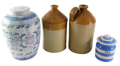 Miscellaneous items, to include two stoneware jars, a clover leaf Cornishware tea jar and cover, etc.