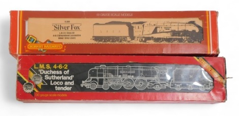 Hornby OO gauge locomotives, including a class A4 Silver Fox, in LNER silver and grey livery, and a Duchess of Sutherland locomotive, 6233, in LMS crimson, R099, boxed. (2)