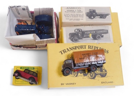 Transport Replicas by Varney and Ambrico, white metal diecast, hand painted vehicles, including Ford 2/5 tonne lorry 1935 number 43, Wolseley Wasp, Dennis two tonne platform lorry, 1933 Ford N tractor, etc. (5)