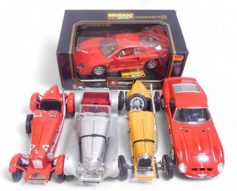 Burago diecast, including a Ferrari F40, Ferrari GTO, Jaguar SS 100, Alfa Romeo 2300 Monza, and a Bugatti type 59 1934. (5)