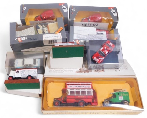 Corgi diecast vehicles, including a Bedford type OB coach, Morris Minor van, limited edition Brit Tyre Sales Thornycroft van, Corgi Transport of the Thirties boxed set, including Thornycroft bus and Ford model T van, etc. (1 tray)