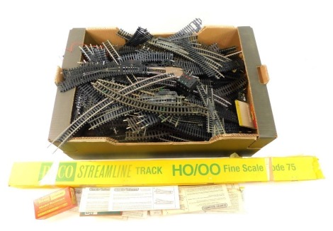 Peco Streamline OO gauge track and Hornby OO guage track and accessories, including points, straights, curves, etc. (1 box and loose)