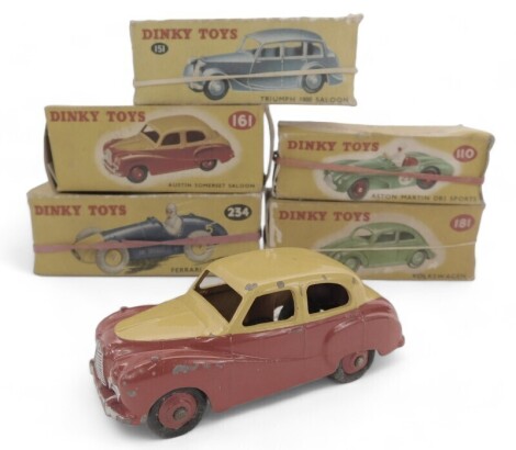 Dinky Toys boxed diecast, including 181 Volkswagen Beetle, 234 Ferrari racing car, 110 Aston Martin DB3 Sport, 161 Austin Somerset Saloon, 151 Triumph 1800 Saloon. (5)