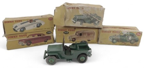 Dinky Toys boxed diecast, including 253 Daimler ambulance, 170 Ford four door Sedan, Universal Jeep, 154 Hillman Minx Saloon, and a 133 Cunningham C5R Road Racer. (5)