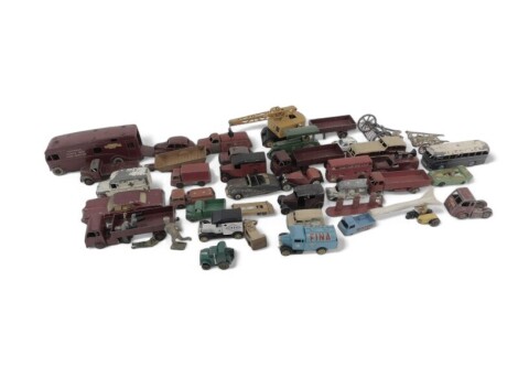 Dinky and Matchbox playworn diecast, including Dinky Supertoys British Railways Express horse box, Dinky Toys Hindle Smart Helecs British Railways, Dinky Toys Pontiac Partisan, Matchbox fire pumper truck, Dinky Toys Austin Devon, etc. (1 tray)