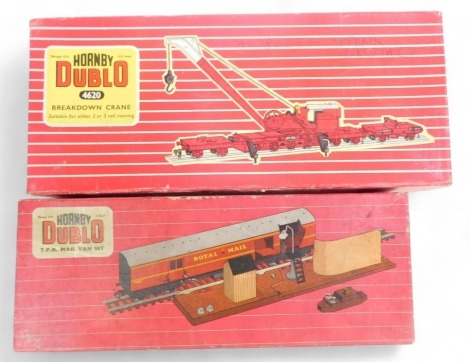 Hornby Dublo two rail rolling stock, including 2400 TPO mail van set, and 4260 breakdown crane, boxed. (2)