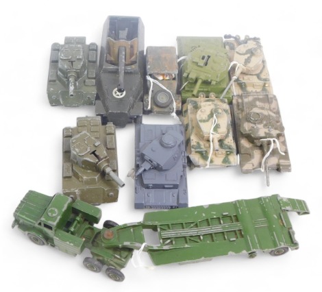 Dinky and other diecast military vehicles, including Corgi Toys Centurion mark 3 tank, Solido PZ1IVKFZ 161 tank, Corgi Toys tiger tank, Dinky Super Toys Thornycroft Mighty Antar, Dinky Toys Volkswagen KDF, etc. (1 tray)