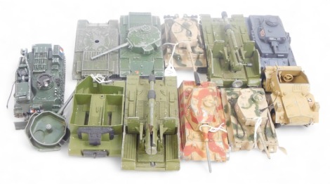 Dinky Toys Solido and other diecast military vehicles, to include Dinky Toys AMX 30D Recovery Tank, Dinky Toys Chieftain Tank and 155mm Mobile Gun, Solido PZIVSDKFZ161 Tank, Corgi Toys King Tiger German Heavy Tank, Dinky Supertoys Centurion Tank, etc. (2 