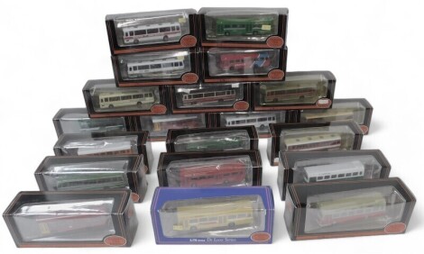 Exclusive First Editions by Gilbow diecast buses, including 14402 Leyland National Mark 1 Short Greater Manchester Transport, 15101 Leyland National Mark 1 Long Hanson Dorset, 14401 Leyland National Mark 1 Short Green Line, 15102 National Long two door bu