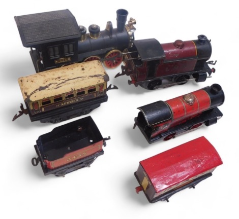 Hornby Trains O gauge tin plate clockwork locomotives and rolling stock, to include LMS locomotive 2270, 0-4-0, Zena Pullman coach, Arelia Pullman coach, etc. (1 tray)