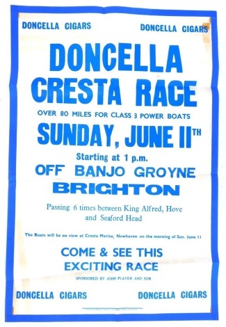 Motorsport posters, including WD and HO Wills Trophy organised by the British Automobile Racing Club International Meeting Silverstone Easter Monday March 27th 1967, and Doncella Cresta Race Class 3 Power Boats Sunday June 11th. (2)