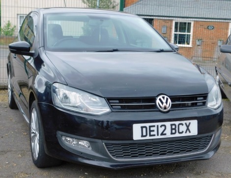 A Volkswagen Polo SEL TDI 90, registration DE12 BCX, 3 door hatchback, 1598cc, diesel, first registered April 2012, 5 previous keepers, black, V5, one key, mileage 105,054, MOT expires 17.11.24, service book present, last entry 07.04.22 80,351 miles.